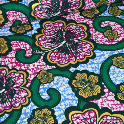 Tissu wax coton Bamako motifs fleurs Bleu et rose