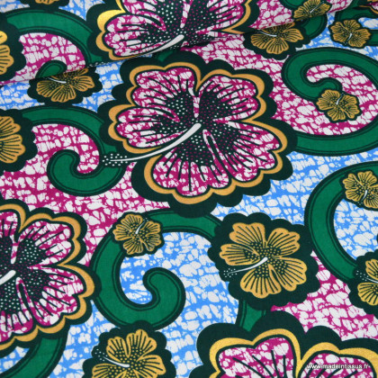 Tissu wax coton Bamako motifs fleurs Bleu et rose
