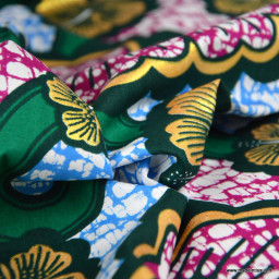 Tissu wax coton Bamako motifs fleurs Bleu et rose