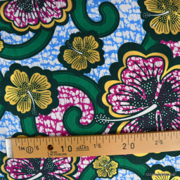 Tissu wax coton Bamako motifs fleurs Bleu et rose