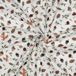 Tissu popeline de coton motif ecureuils et champignons de la forêt
