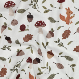 Tissu popeline de coton motif ecureuils et champignons de la forêt