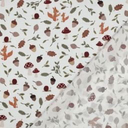 Tissu popeline de coton motif ecureuils et champignons de la forêt