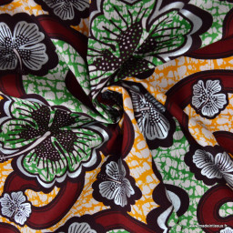 Tissu wax coton Bamako motifs fleurs bordeaux, jaune et argent