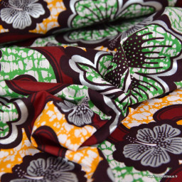 Tissu wax coton Bamako motifs fleurs bordeaux, jaune et argent