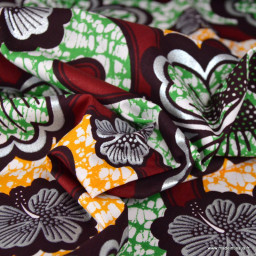 Tissu wax coton Bamako motifs fleurs bordeaux, jaune et argent