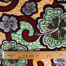 Tissu wax coton Bamako motifs fleurs bordeaux, jaune et argent