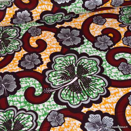 Tissu wax coton Bamako motifs fleurs bordeaux, jaune et argent