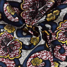 Tissu wax coton Bamako motifs fleurs grises, bleues et or