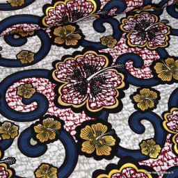 Tissu wax coton Bamako motifs fleurs Bleu et rose