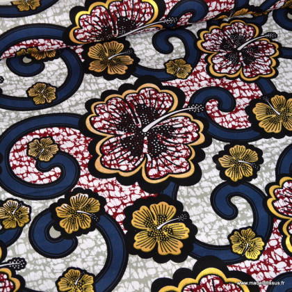 Tissu wax coton Bamako motifs fleurs Bleu et rose