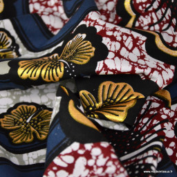 Tissu wax coton Bamako motifs fleurs grises, bleues et or