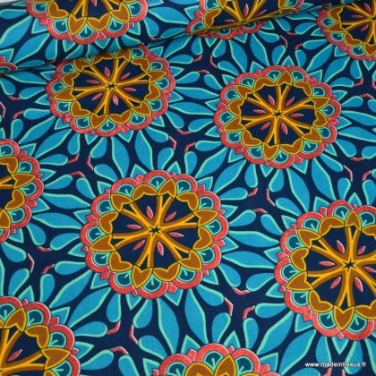 Tissu wax coton BAMORI – Rosaces turquoise et ocre sur fond bleu marine