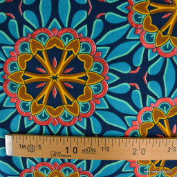 Tissu wax coton BAMORI – Rosaces turquoise et ocre sur fond bleu marine