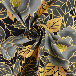 Tissu wax coton LOTUS – Fleurs grises et foil doré