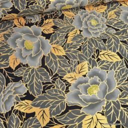 Tissu wax coton LOTUS – Fleurs grises et foil doré