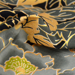 Tissu wax coton LOTUS – Fleurs grises et foil doré