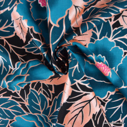 Tissu wax coton LOTUS – Fleurs bleues et roses