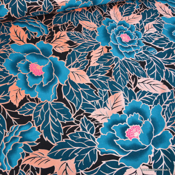 Tissu wax coton LOTUS – Fleurs bleues et roses