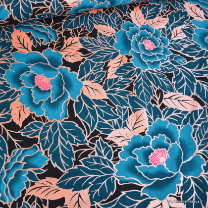 Tissu wax coton LOTUS – Fleurs bleues et roses