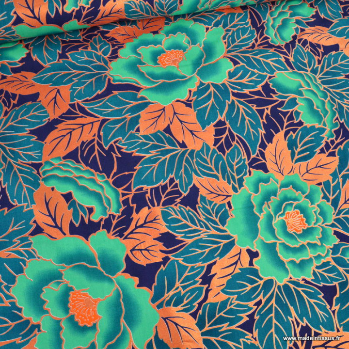 Tissu wax coton LOTUS – Fleurs vertes et orange