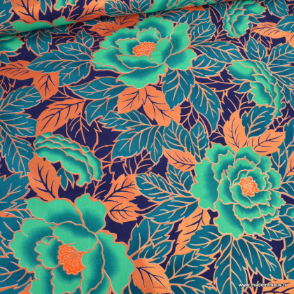 Tissu wax coton LOTUS – Fleurs vertes et orange