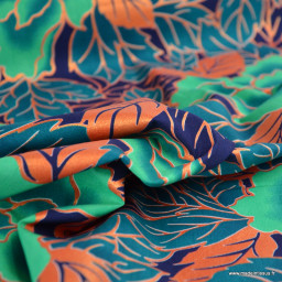 Tissu wax coton LOTUS – Fleurs vertes et orange