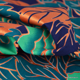 Tissu wax coton LOTUS – Fleurs vertes et orange