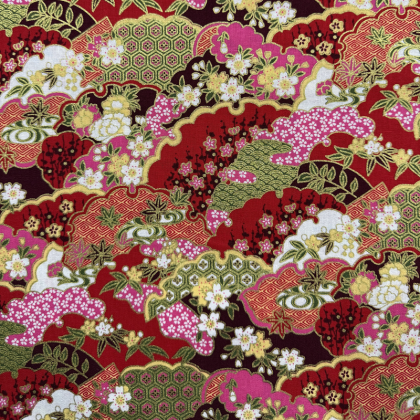 Tissu cretonne de coton japonais – Fleurs de cerisier rouge et or