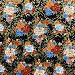Tissu cretonne de coton japonais – Fleurs multicolores fond noir et foil doré