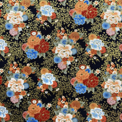 Tissu cretonne de coton japonais – Fleurs multicolores fond noir et foil doré