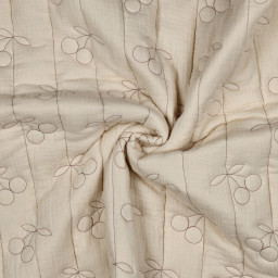 Tissu double gaze matelassé cerises – Écru naturel - OEKO TEX