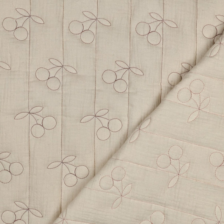 Tissu double gaze matelassé cerises – Écru naturel