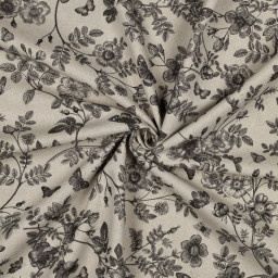 Tissu demi natté canvas botanique – Fleurs et papillons noirs