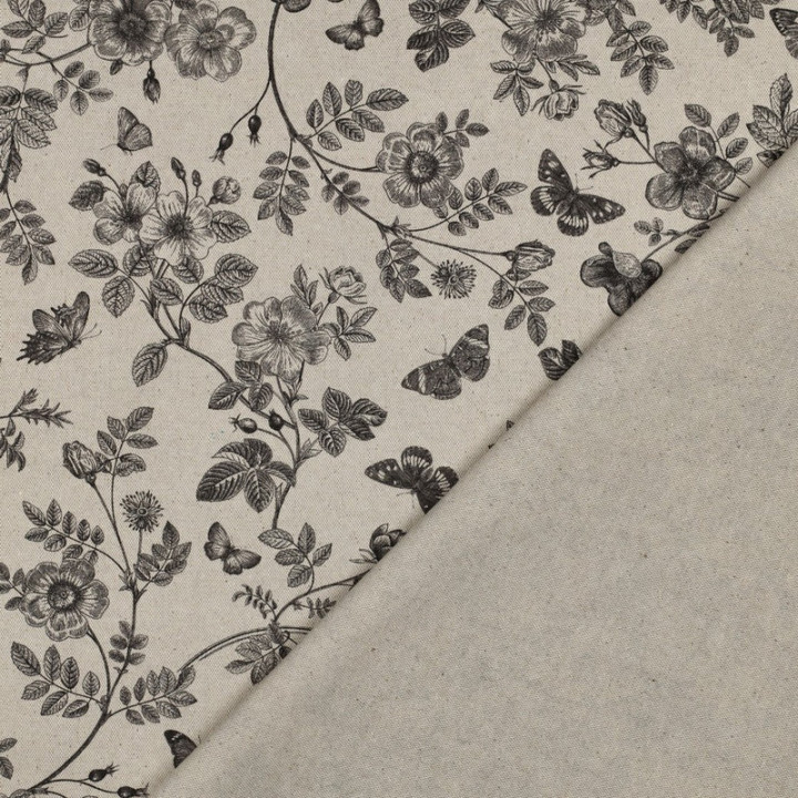 Tissu demi natté canvas botanique – Fleurs et papillons noirs