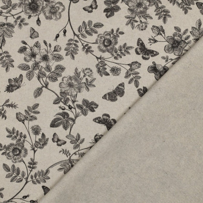 Tissu demi natté canvas botanique – Fleurs et papillons noirs