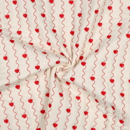 Tissu double gaze matelassé motif coeurs brodés rouges - OEKO TEX