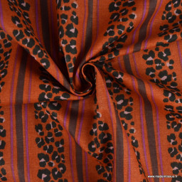 Tissu demi-natté canvas Léoli léopard rayé écureuil et chocolat