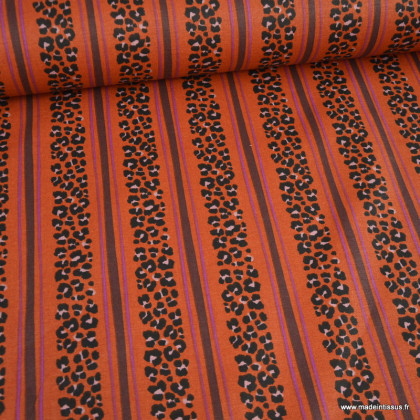 Tissu demi-natté canvas Léoli léopard rayé écureuil et chocolat