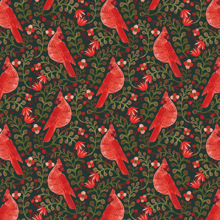 Tissu coton Rifle Paper Co. – Cardinals rouge fond vert sapin – Holiday Classics