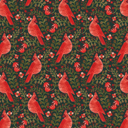 Tissu coton Rifle Paper Co. – Cardinals rouge fond vert sapin – Holiday Classics