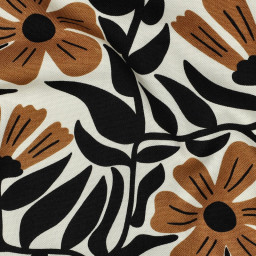 Tissu demi-natté canvas fleuri rétro – Noir et caramel fond blanc cassé
