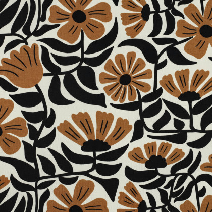 Tissu demi-natté canvas fleuri rétro – Noir et caramel fond blanc cassé