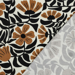 Tissu demi-natté canvas fleuri rétro – Noir et caramel fond blanc cassé