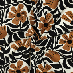 Tissu demi-natté canvas fleuri rétro – Noir et caramel fond blanc cassé
