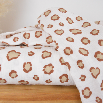Tissu double gaze Leolove motif léopard marron fond beige
