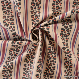 Tissu demi-natté canvas Léoli léopard rayé Beige et bordeaux