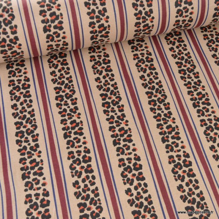 Tissu demi-natté canvas Léoli léopard rayé Beige et bordeaux