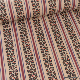 Tissu demi-natté canvas Léoli léopard rayé Beige et bordeaux