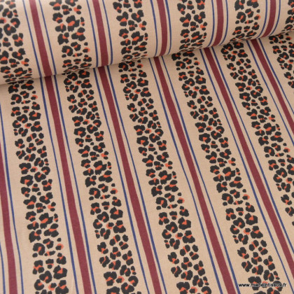 Tissu demi-natté canvas Léoli léopard rayé Beige et bordeaux